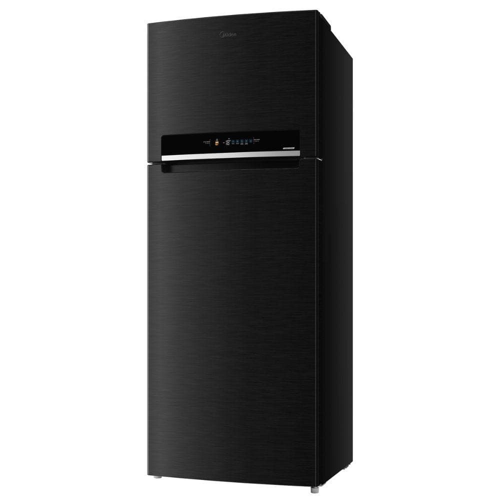 Geladeira Midea Frost Free Duplex 491L Inverter RT650EVKDX, cor preta, com acabamento metálico e porta de vidro transparente.