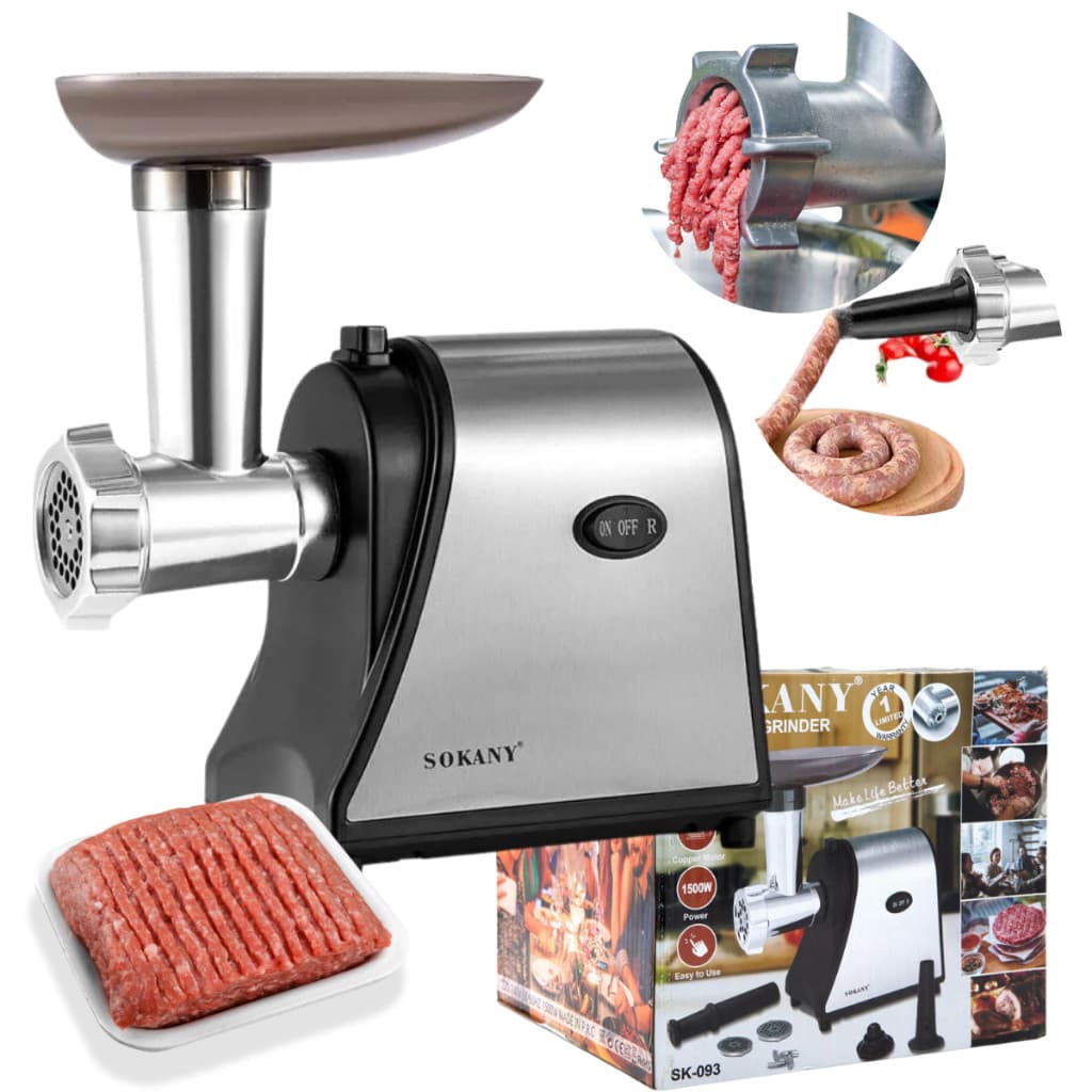 Máquina moedor de carne elétrica 1500W, preta e prata, com pedaço de carne moída à frente e caixa promocional.