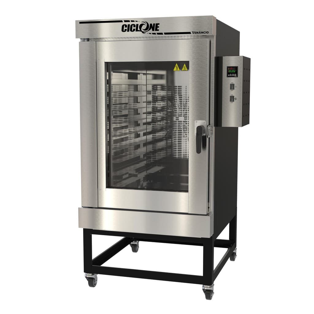 Forno Turbo Elétrico Venâncio Ciclone 10 esteiras com interior em aço inoxidável e exterior em aço carbono. Modelo trifásico 380V FTCE10.