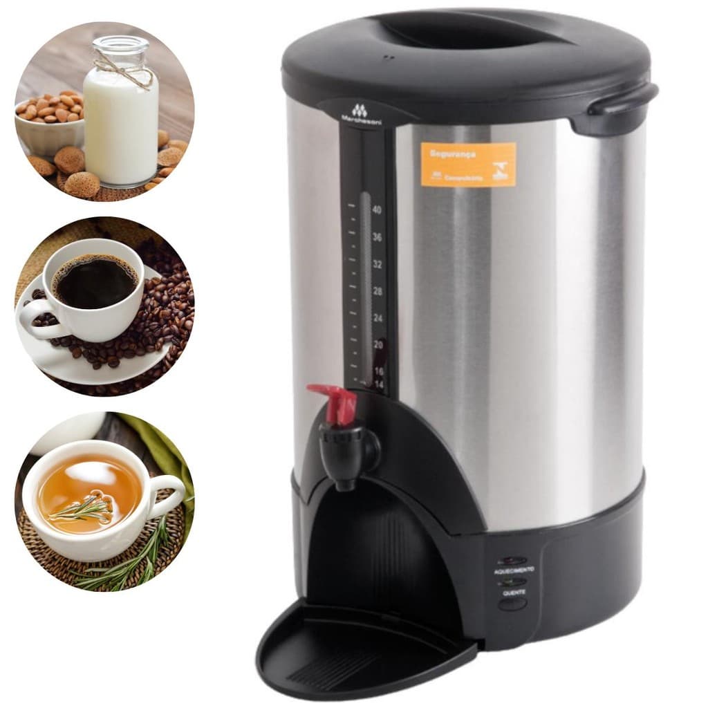 Cafeteira Automática 6 Litros Marchesoni, aço inoxidável, tampa preta, bico vermelho, visor de temperatura