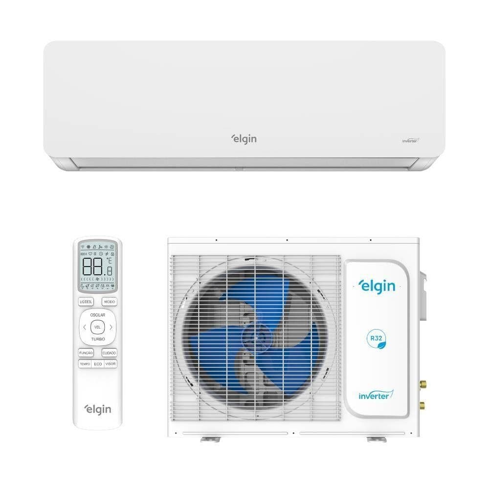 Ar condicionado split inverter Elgin Eco Dream Wi-Fi, compressor branco com grade azul, controle remoto branco com display digital, fundo branco.