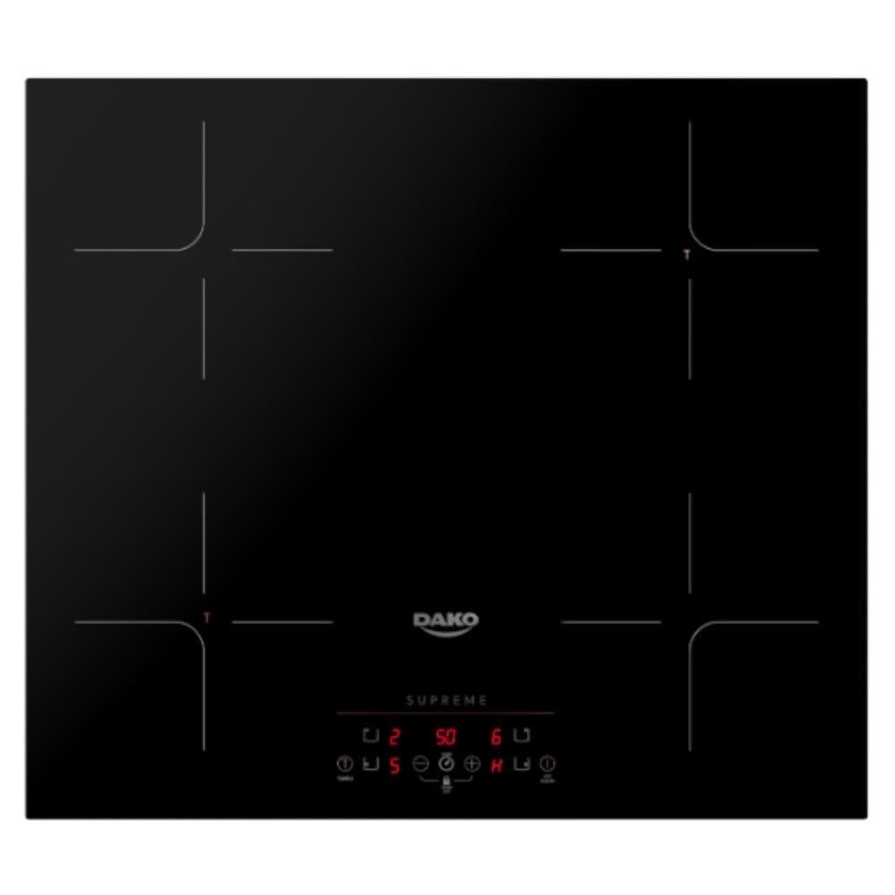 Cooktop elétrico Dako com quatro zonas de aquecimento, preto, com tela digital e logotipo Dako.