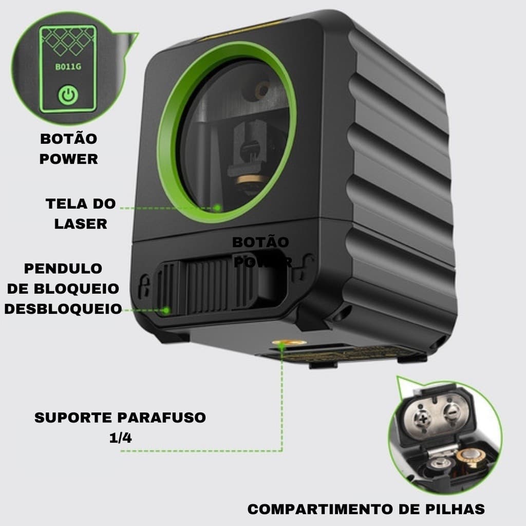 Nível laser profissional Huepar, autonivelante, 2 linhas, preto e verde