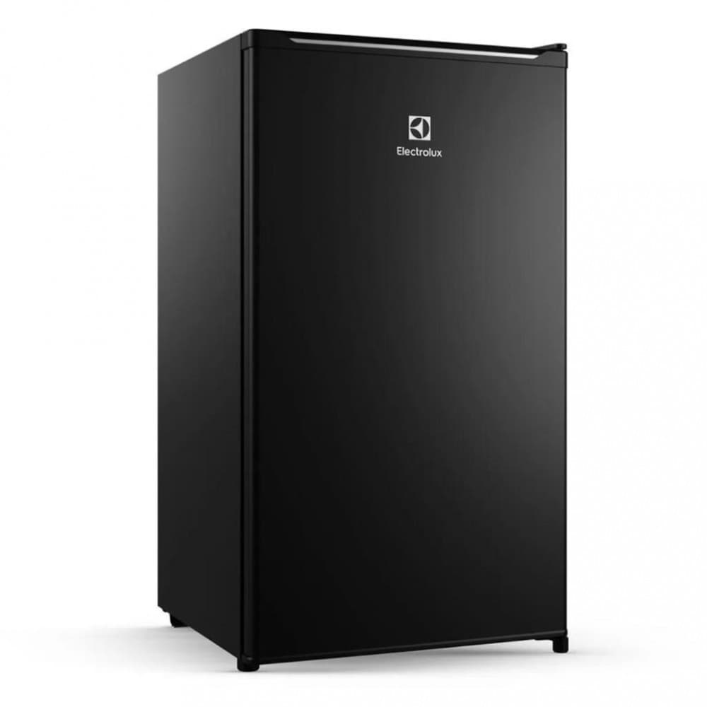 Frigobar Electrolux EM90B 90L preto, ângulo frontal, fundo branco, logo visível