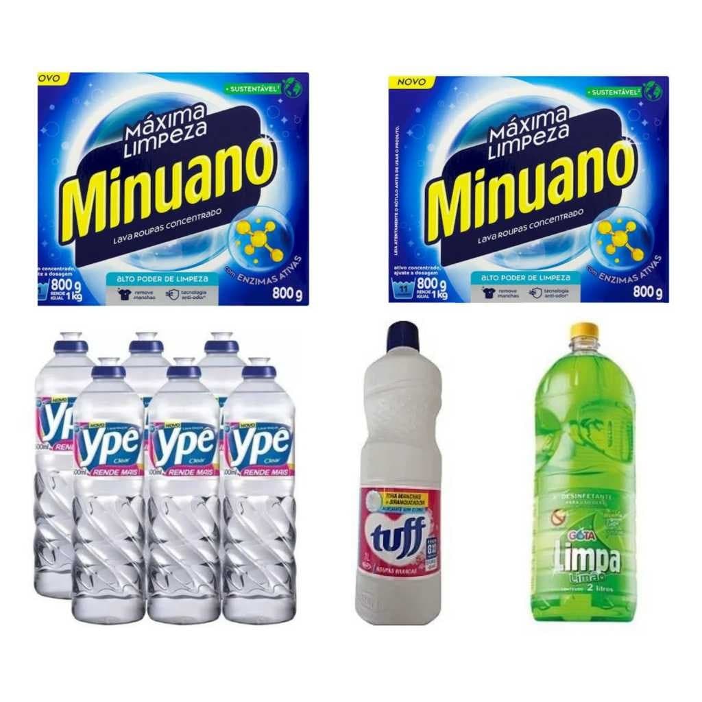Kit limpeza pesada com 6 detergentes Ype, alvejante Tuff e sabão em pó Minuano