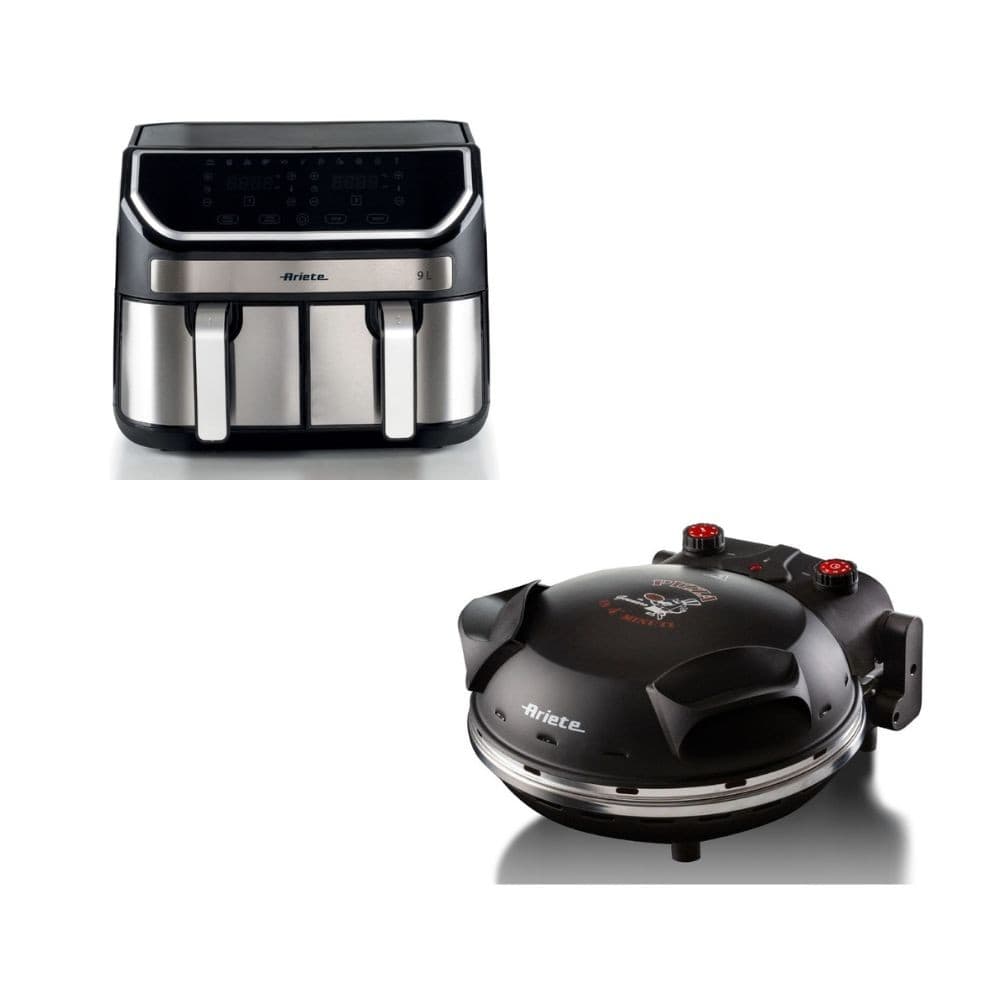 Kit Ariete forno de pizza elétrico e fritadeira air fryer 9L 127V, com design preto e prata