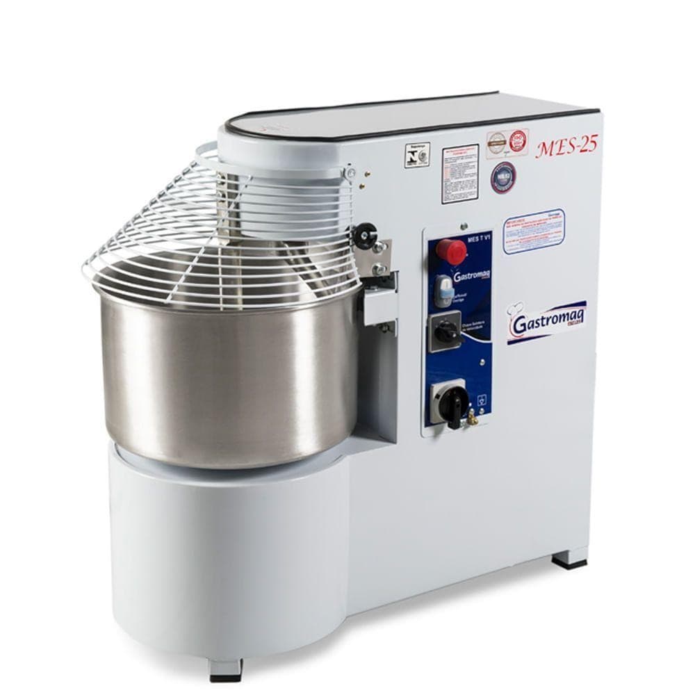 Amassadeira espiral trifásica 25kg MES-25 Gastromaq, aço inoxidável, painel de controle, fundo branco
