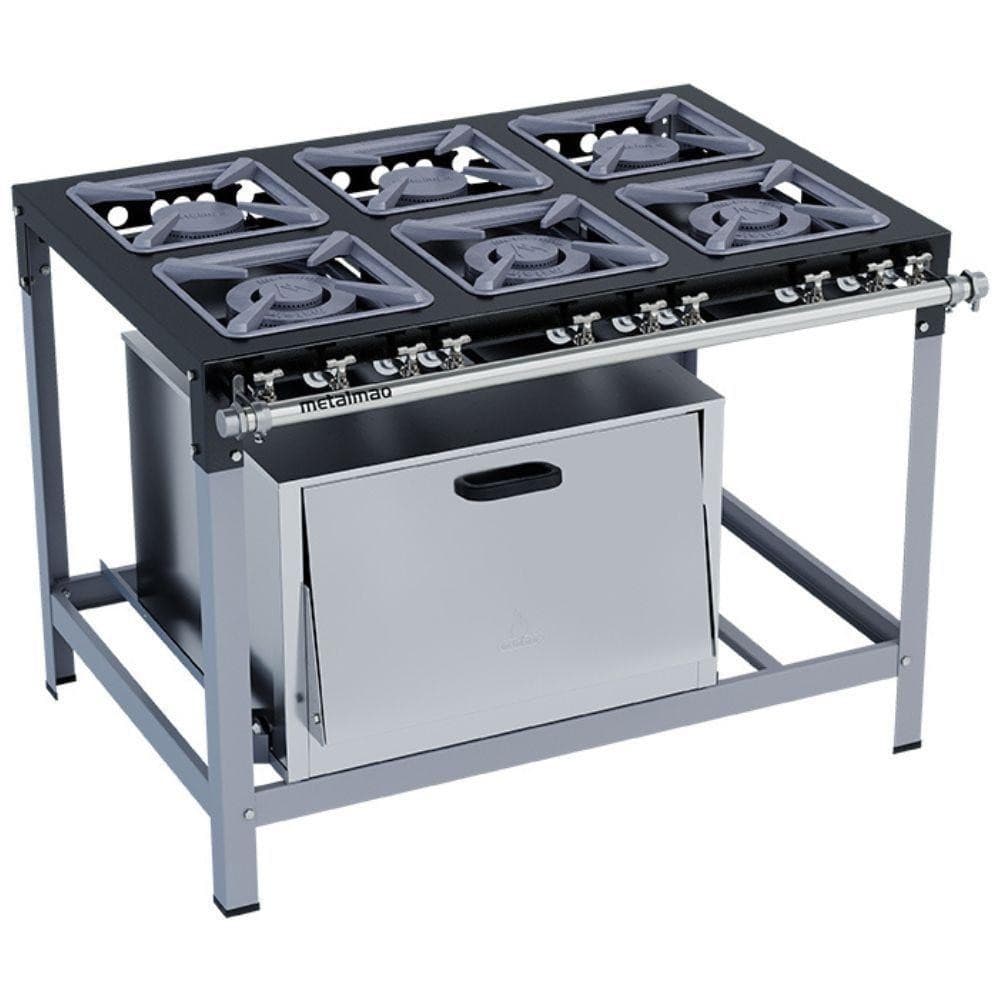 Fogão industrial Metalmaq de seis bocas com forno, superfície preta e compartimento de armazenamento em aço inoxidável