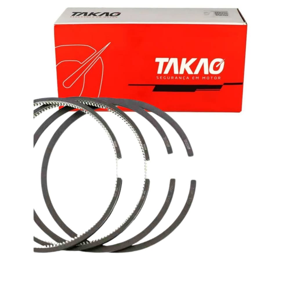 Anel de pistão para compressor Isuzu 3.0 8V Takao, embalagem aberta com quatro anéis visíveis