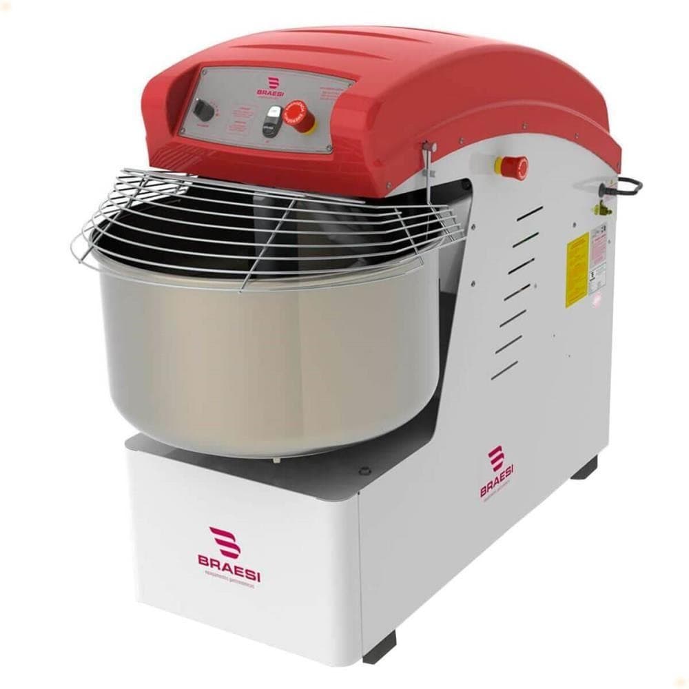 Amassadeira espiral Braesi 40 Kg vermelha e branca em fundo branco