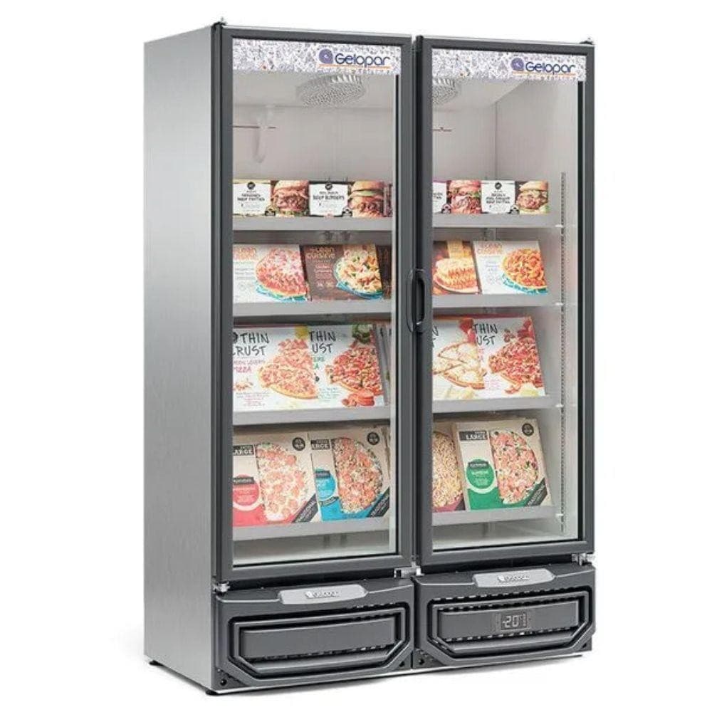 Freezer expositor vertical inox com duas portas de vidro e prateleiras internas exibindo pizzas congeladas, marca Gelopar visível.