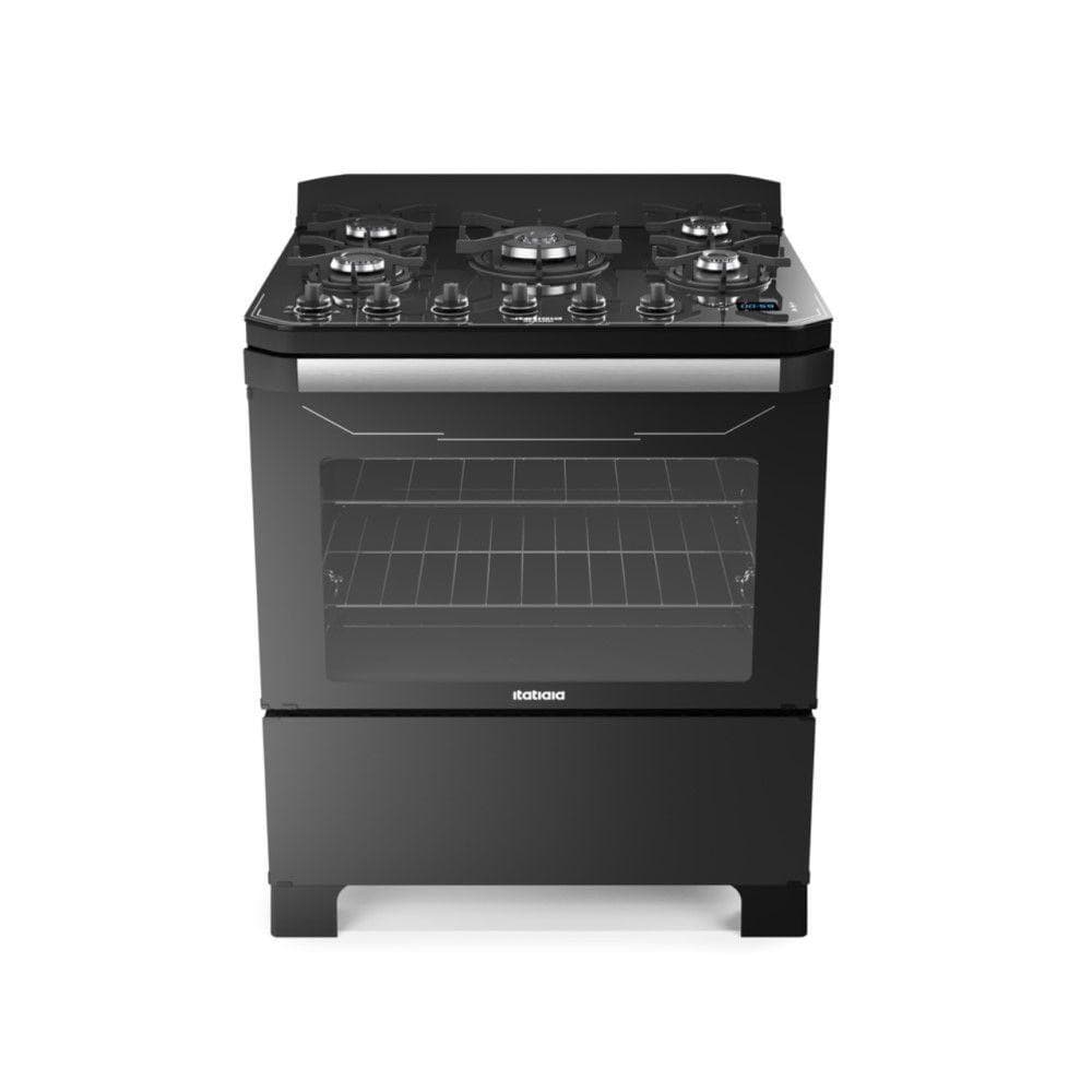 Fogão a gás preto com 5 bocas e forno, Itatiaia Itamaster Digital, contra fundo branco.