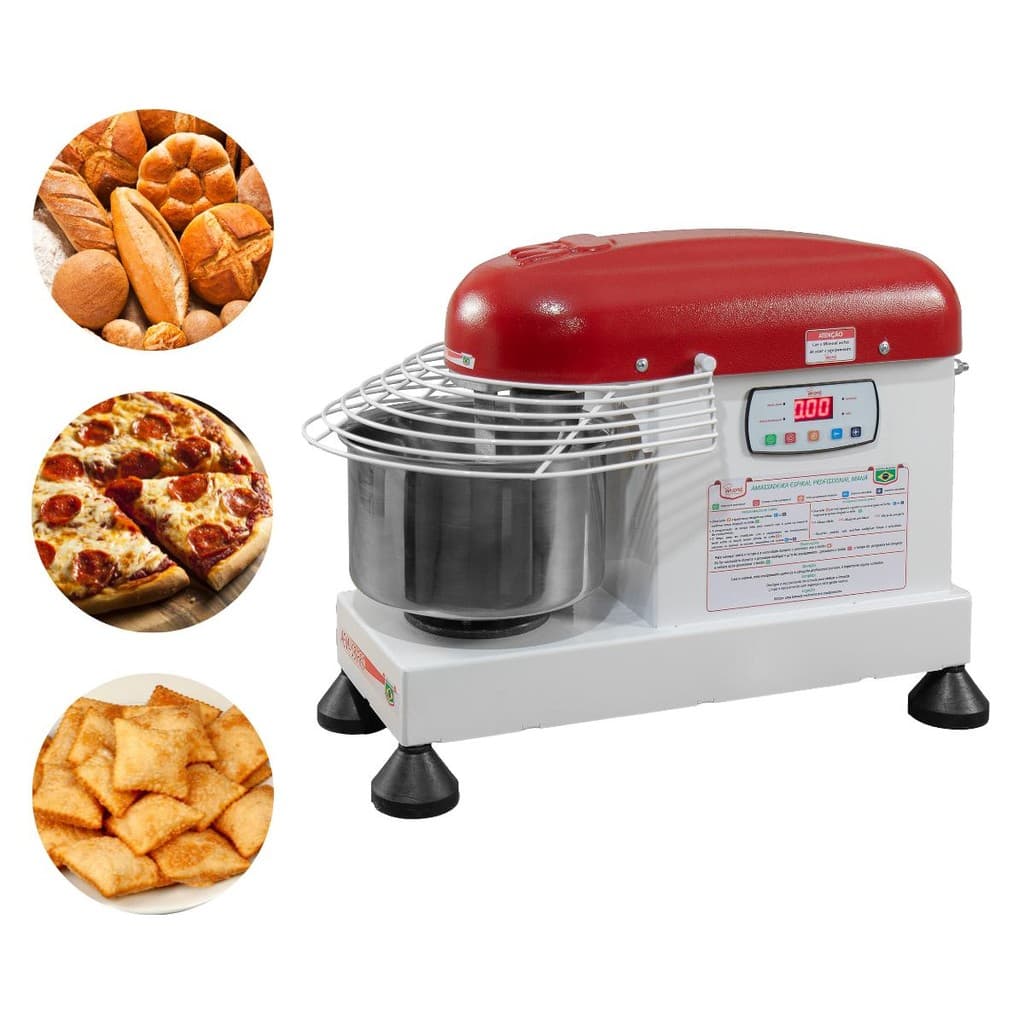 Amassadeira espiral bivolt 3 kg 4 velocidades painel digital vermelho e branco