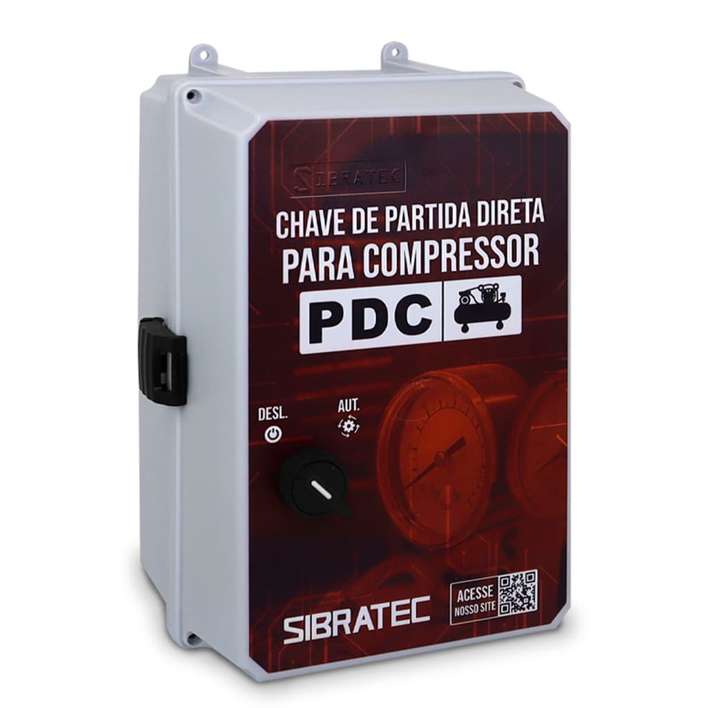 Chave partida direta para compressor trifásico Sibratec PDC, fundo branco, detalhes em vermelho e preto, botão de controle e QR code.