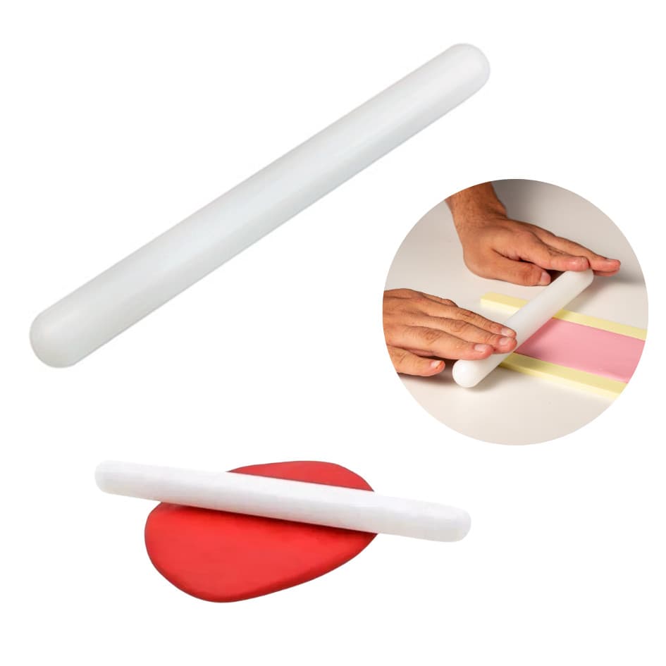 Rolo maciço branco 2,5 x 24,5 cm para massas, prático para cozinha, demonstração de uso.