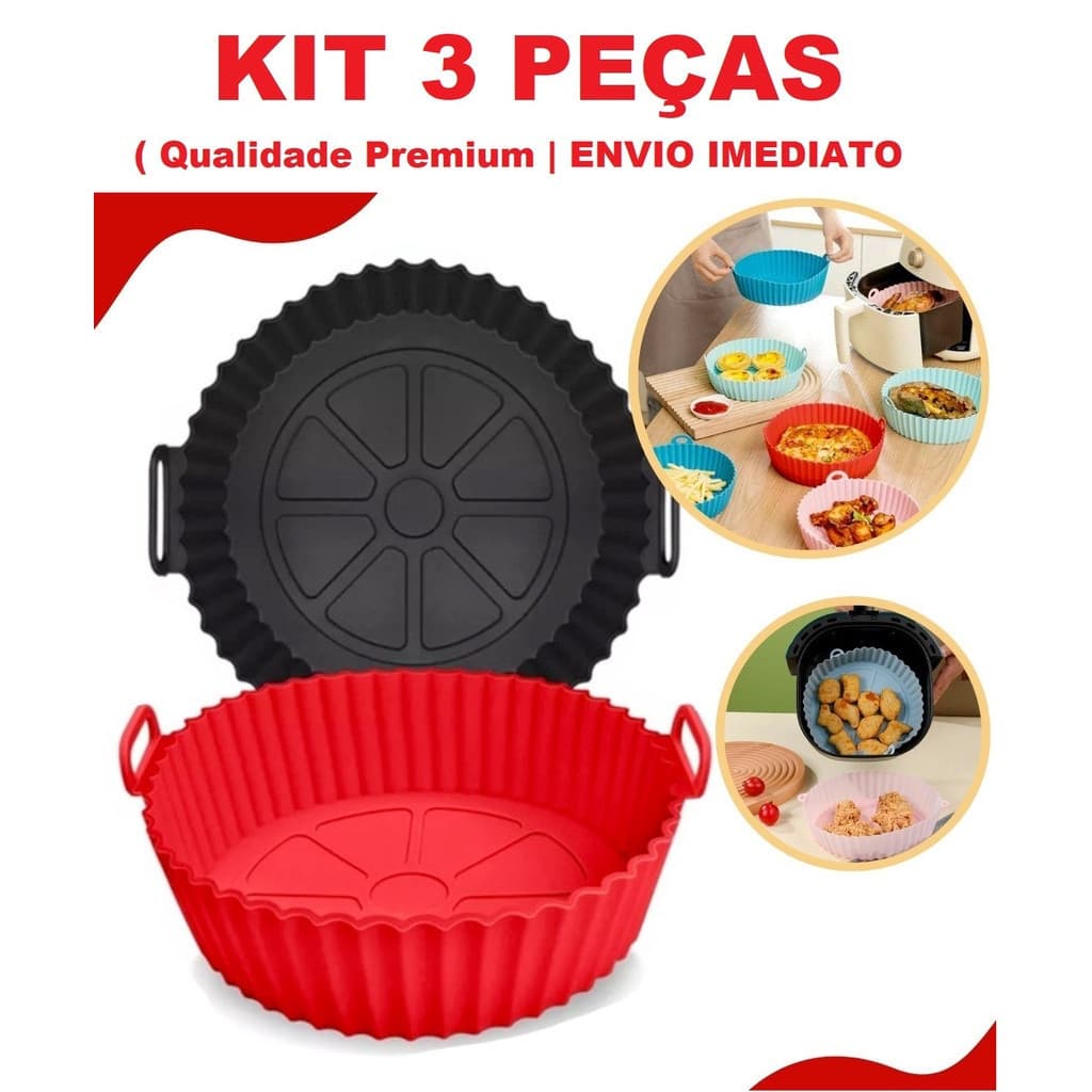 Kit 3 peças formas de silicone para air fryer, forno e micro-ondas, reutilizáveis e flexíveis.