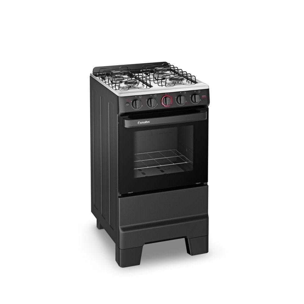 Fogão de mesa 4 bocas com acabamento em inox preto, painel de controle com botões vermelhos e pretos.