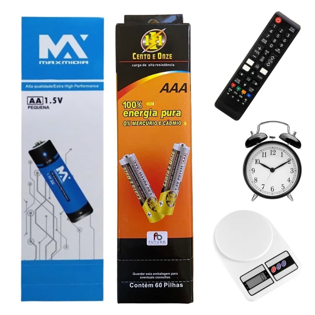 Kit com baterias AAA e AA, controle remoto, relógio de mesa e balança digital