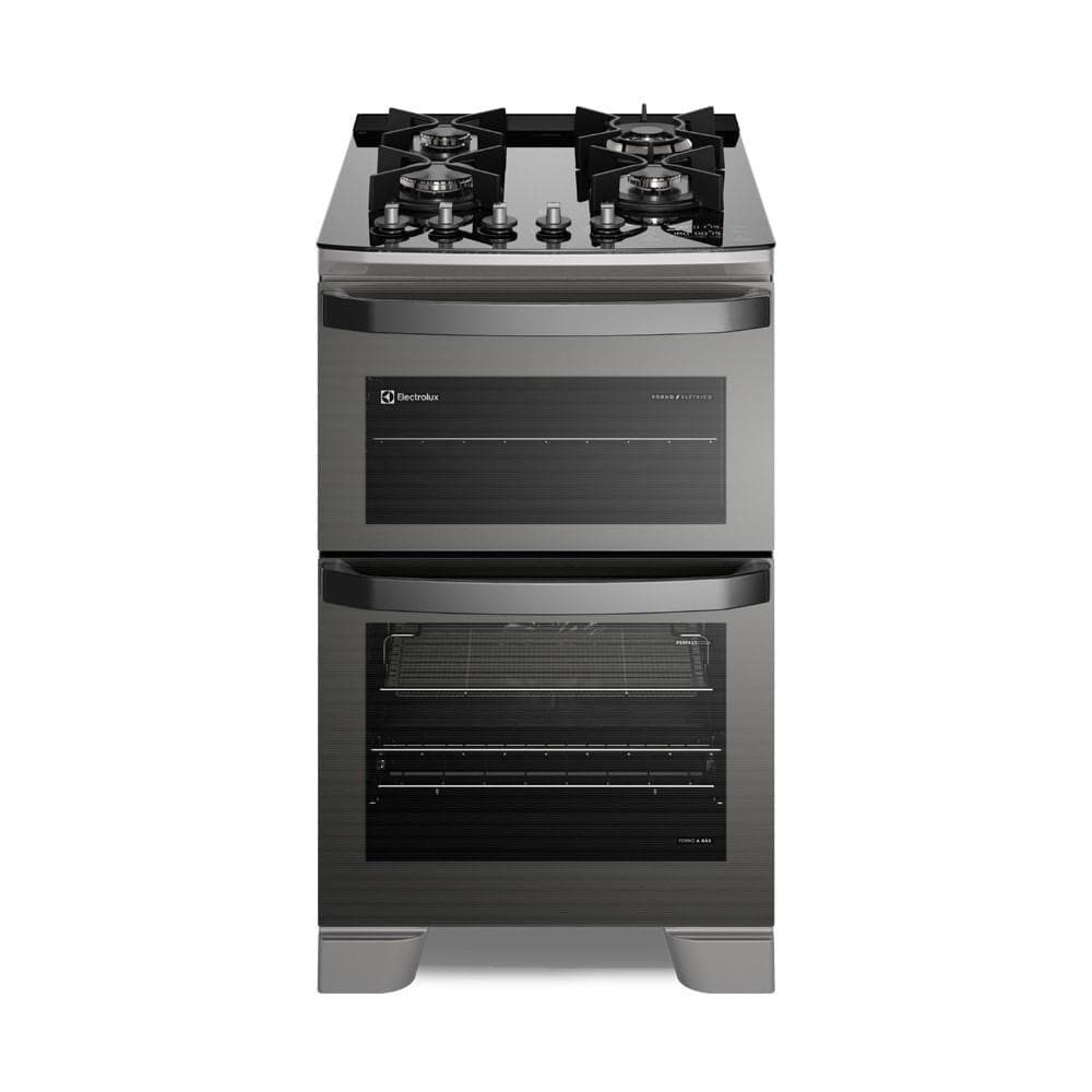 Fogão Electrolux 4 bocas com 2 fornos, função Air Fryer, Grill e Timer, cor cinza metálico