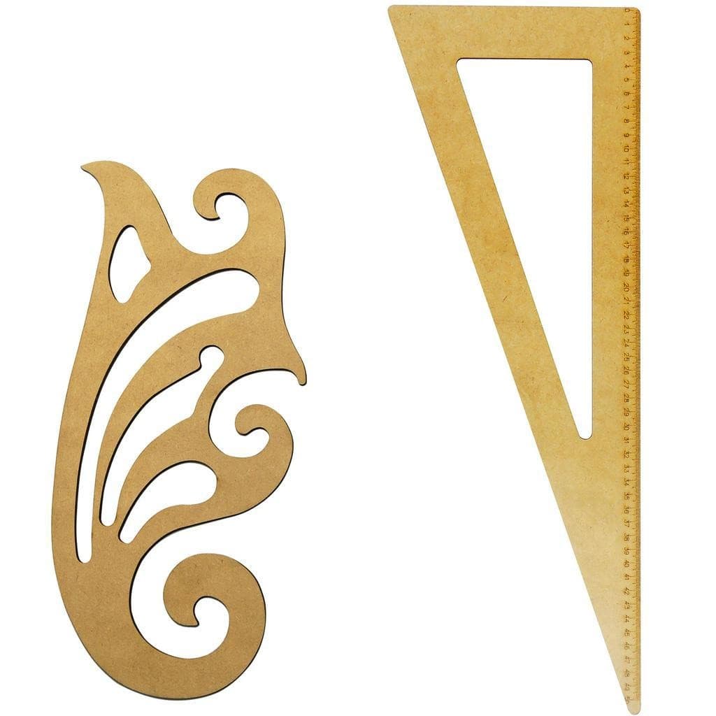 Réguas de corte para costura com design curvo francês e esquadro triangular, cor marrom clara