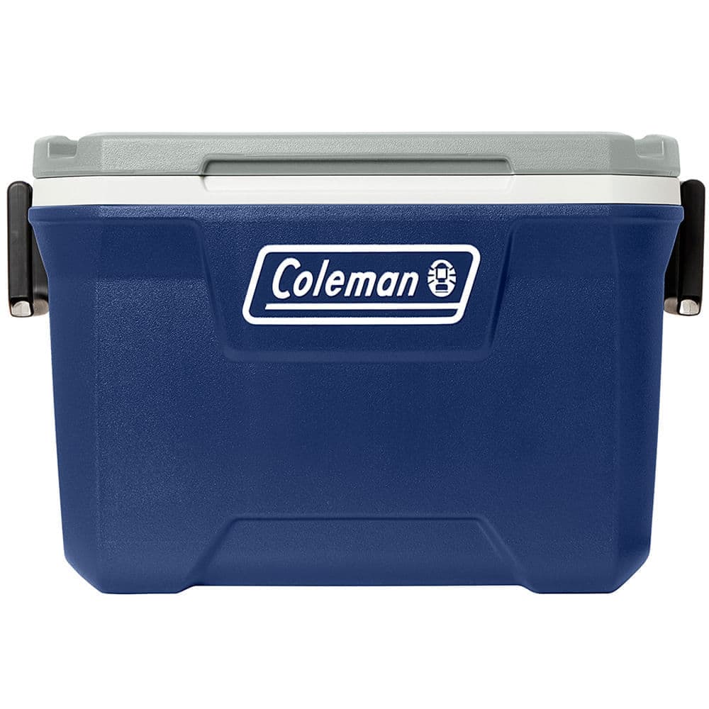 Caixa térmica azul Coleman 49L, vista lateral com logo visível