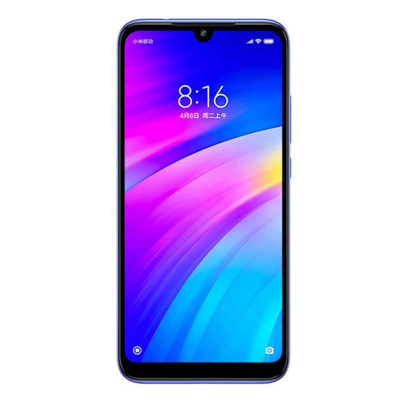 Smartphone Xiaomi Redmi 7 Global Edition 6.26 polegadas, cor azul metálica, tela de gradiente azul e roxo, desligado, mostrando tempo e data.