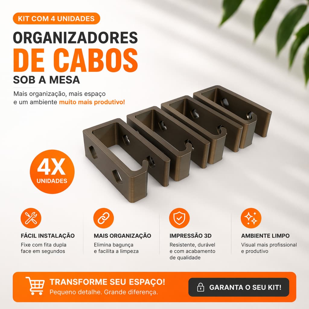 Kit 4 organizadores de cabos sob mesa marrom para mesa de escritório