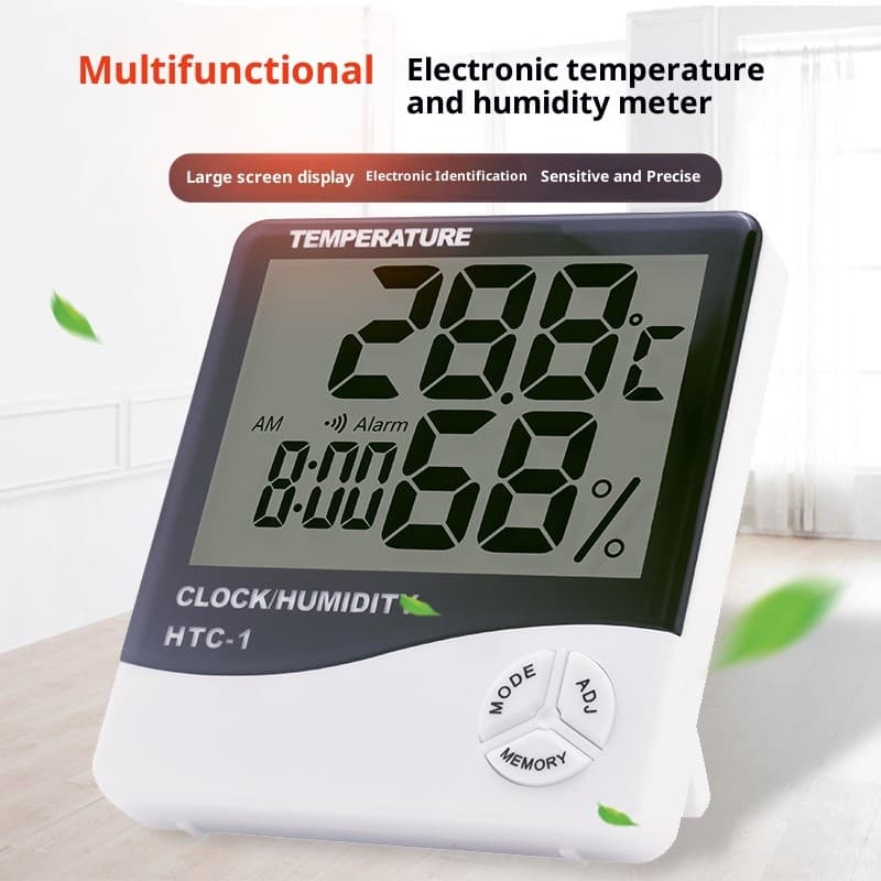 Higrômetro digital com tela grande, mostrando temperatura e umidade, modelo HTC-1