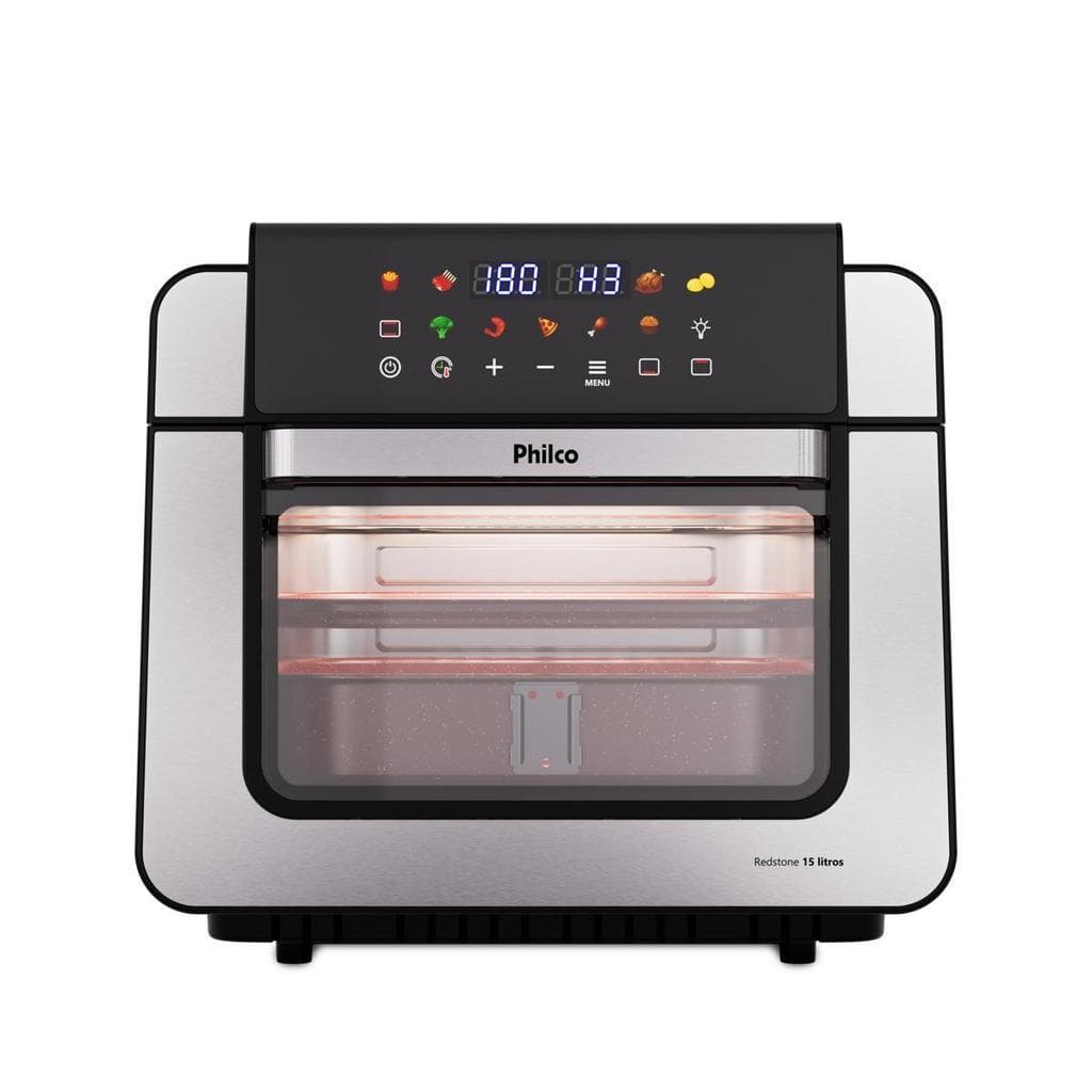 Fritadeira de ar Philco 15L, resistência 1800W, visor digital, controles de toque, design prateado e preto