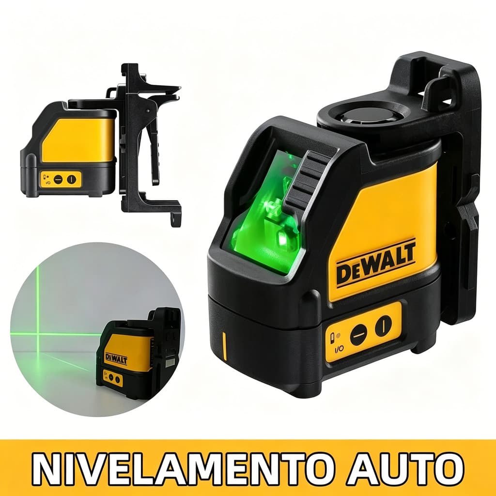 Nível laser DeWalt com feixe verde, preto e amarelo, iluminação auto, suporte.