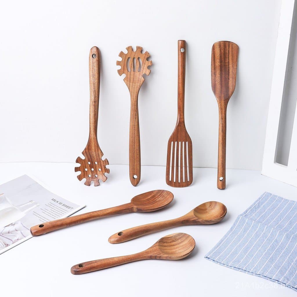 Conjunto de sete peças de espátula e colher de madeira de acácia, espátula de madeira para panela antiaderente, colher d