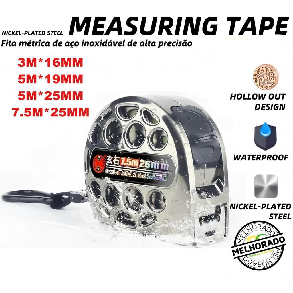 Trena de aço inoxidável com fita métrica, alta precisão, impermeável, durável, design oco, visor digital, clip de metal