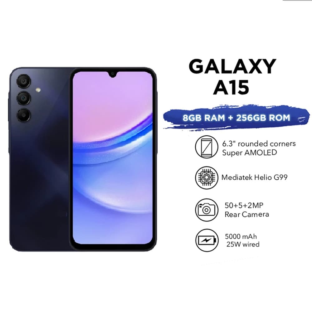 Smartphone Galaxy A15 5G 6.3 polegadas com câmeras traseiras e leitor de impressões digitais