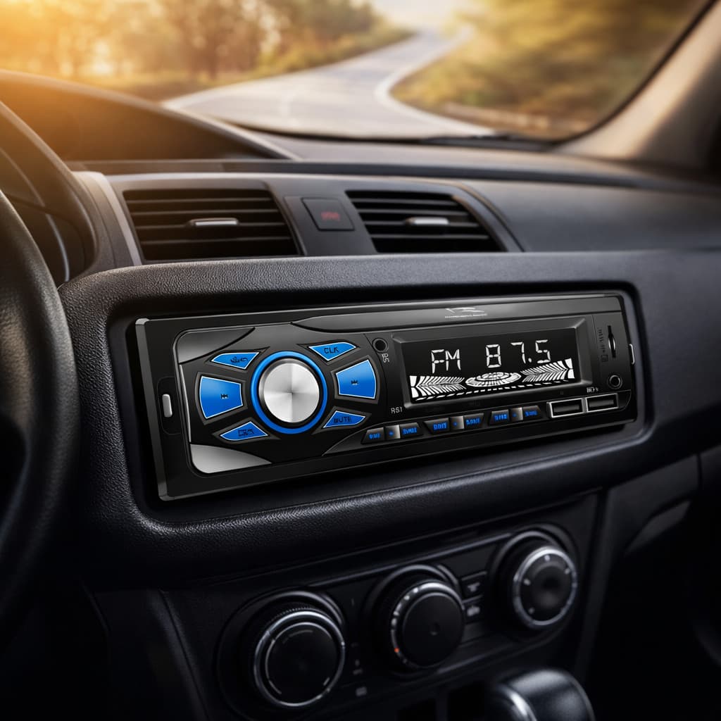 Som automotivo 1 din com tela LED e controle remoto em painel de carro