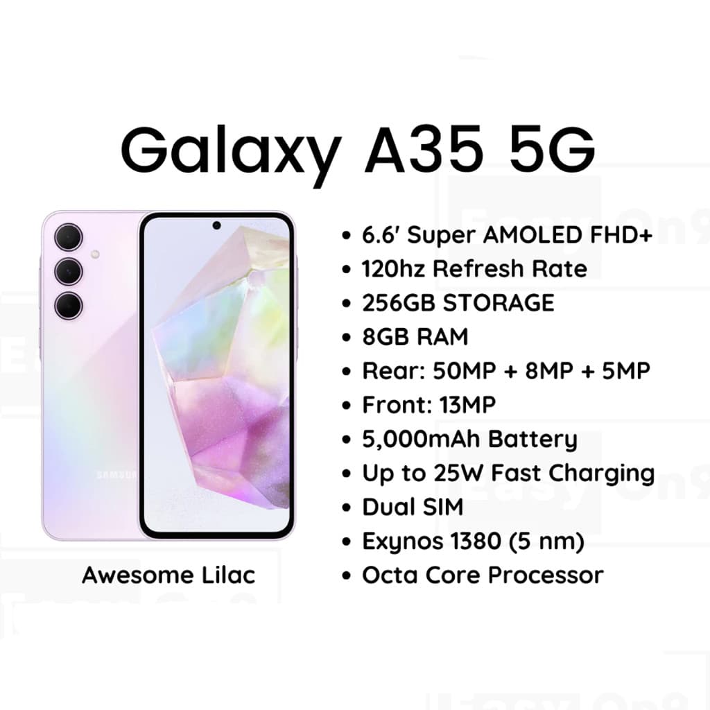 Smartphone Galaxy A35 5G com tela Super AMOLED de 6.6 polegadas, 8GB RAM, 256GB armazenamento, e câmera traseira tripla.