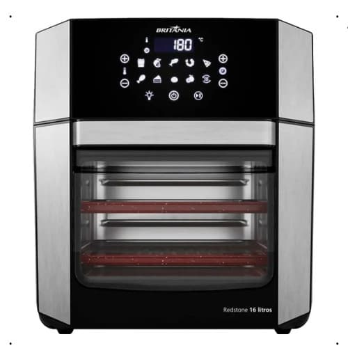 Fritadeira de ar Britânia 16L 4em1 com porta removível, aço inoxidável e preto, tela digital e controles de botão.