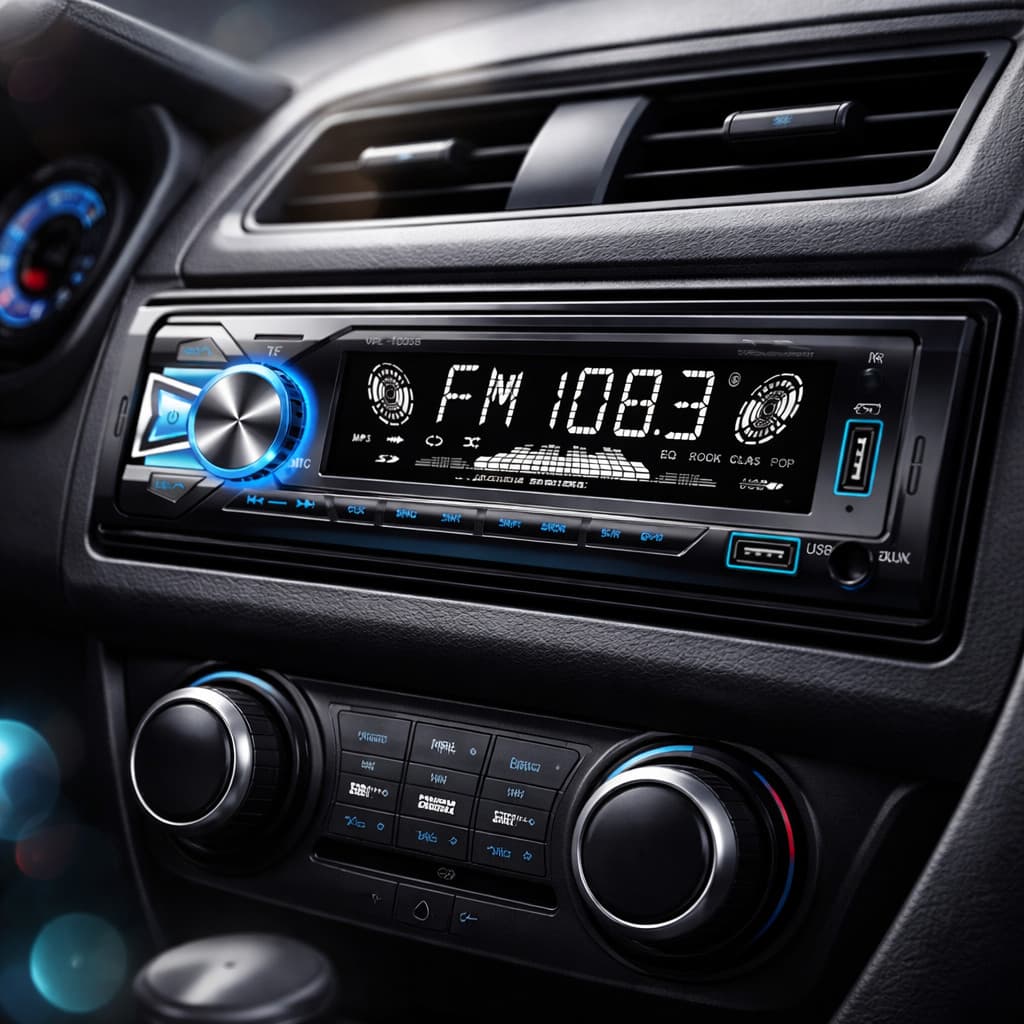 Som automotivo 1 DIN com tela LED digital mostrando FM 108.3, controles e entrada USB e AUX