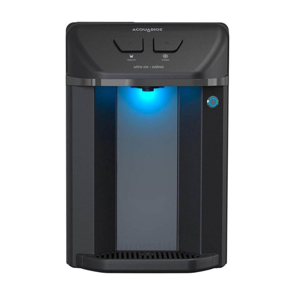 Purificador de água Acquabios com tecnologia de ozônio, preto, tecnologia Ultra Ice, display azul, controles superiores, área de recarga transparente, fundo branco