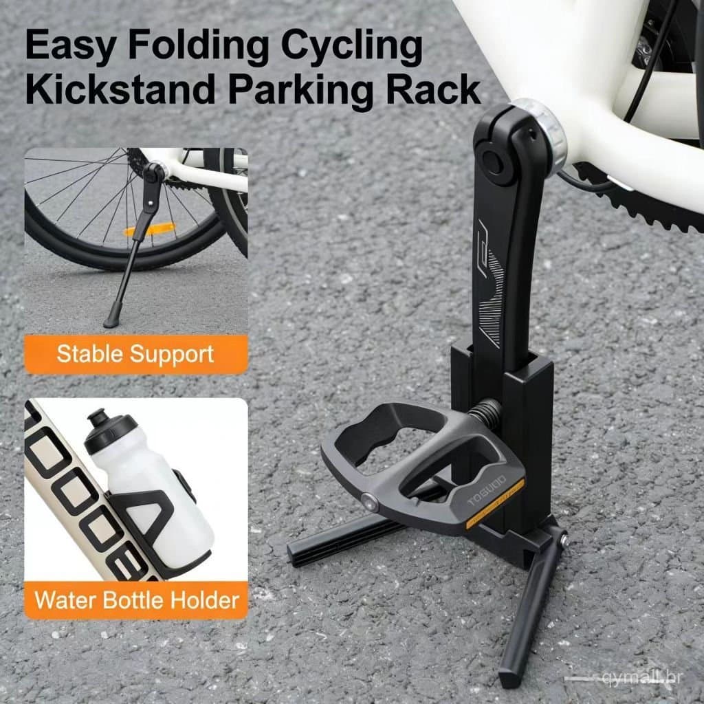 Suporte dobrável para bicicleta preto e cinza com suporte para garrafa de água