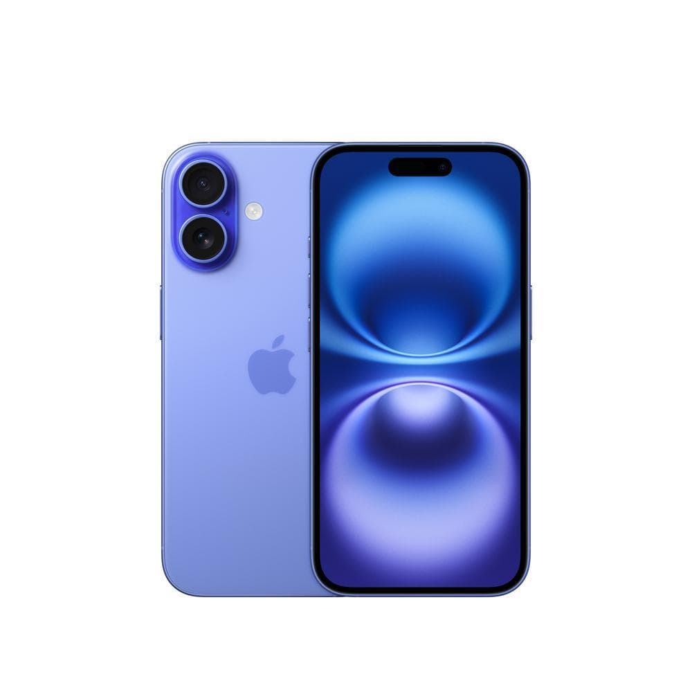 iPhone 16 128GB azul ultramarino, vista lateral com câmera dupla e logotipo da Apple
