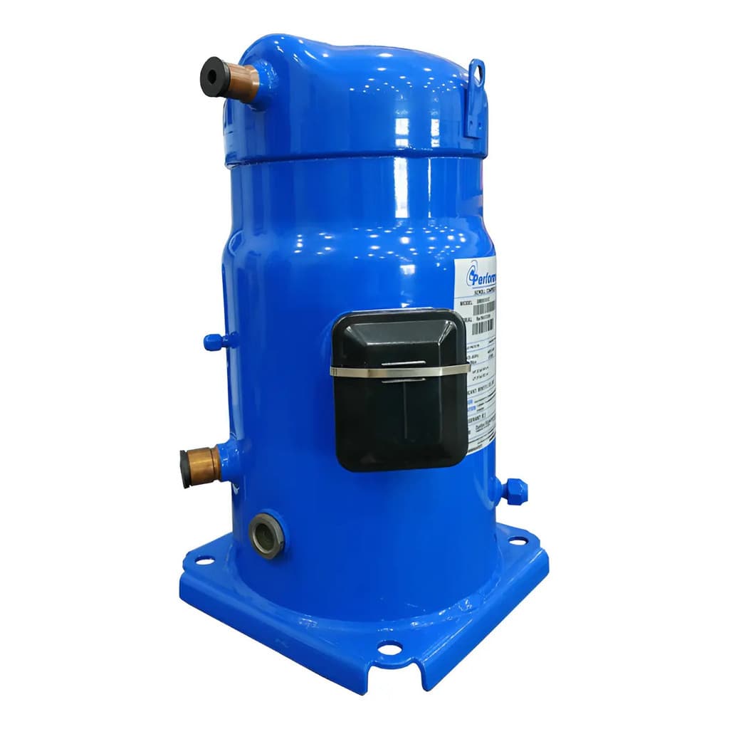 Compressor scroll azul Danfoss para ar condicionado Sy300a9cbm, 380v, frontal com etiqueta técnica visível.