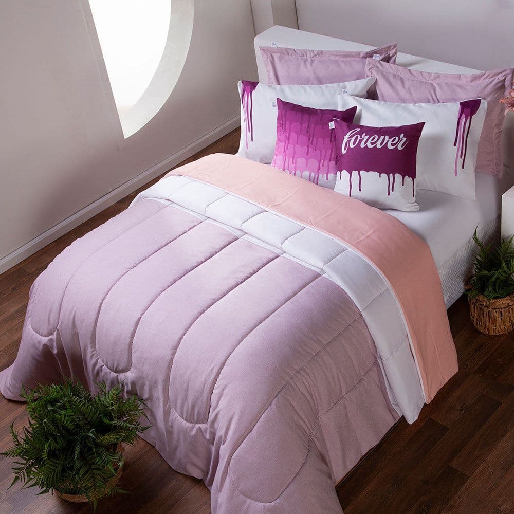 Kit Edredom Linho Colorful Casal King rosa e branco
