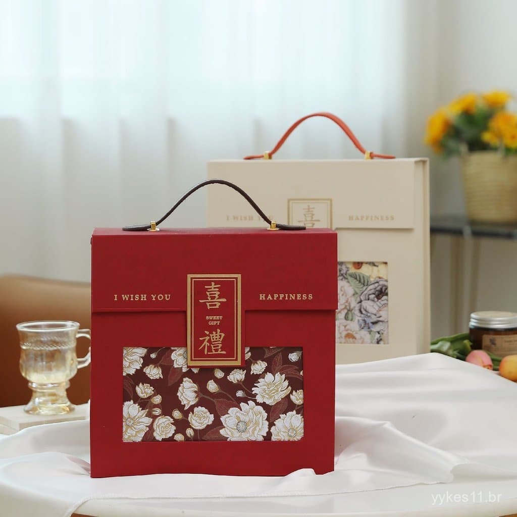 Caixa de presente vermelha com estampa floral para casamento, elegante e grande, com etiqueta dourada
