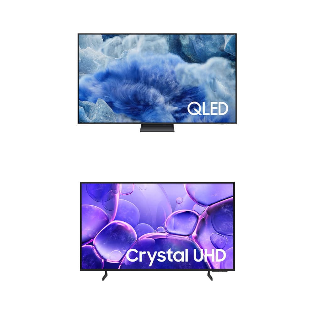 Samsung Vision AI TV 55' QLED Ultra 4K Q8F com tela de bolhas de água e texto Crystal UHD