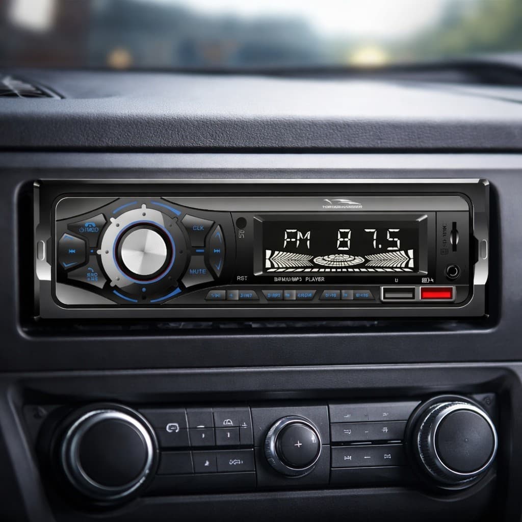 Rádio automotivo 1 DIN com tela LED, interface digital e controle remoto, montado em painel de carro.