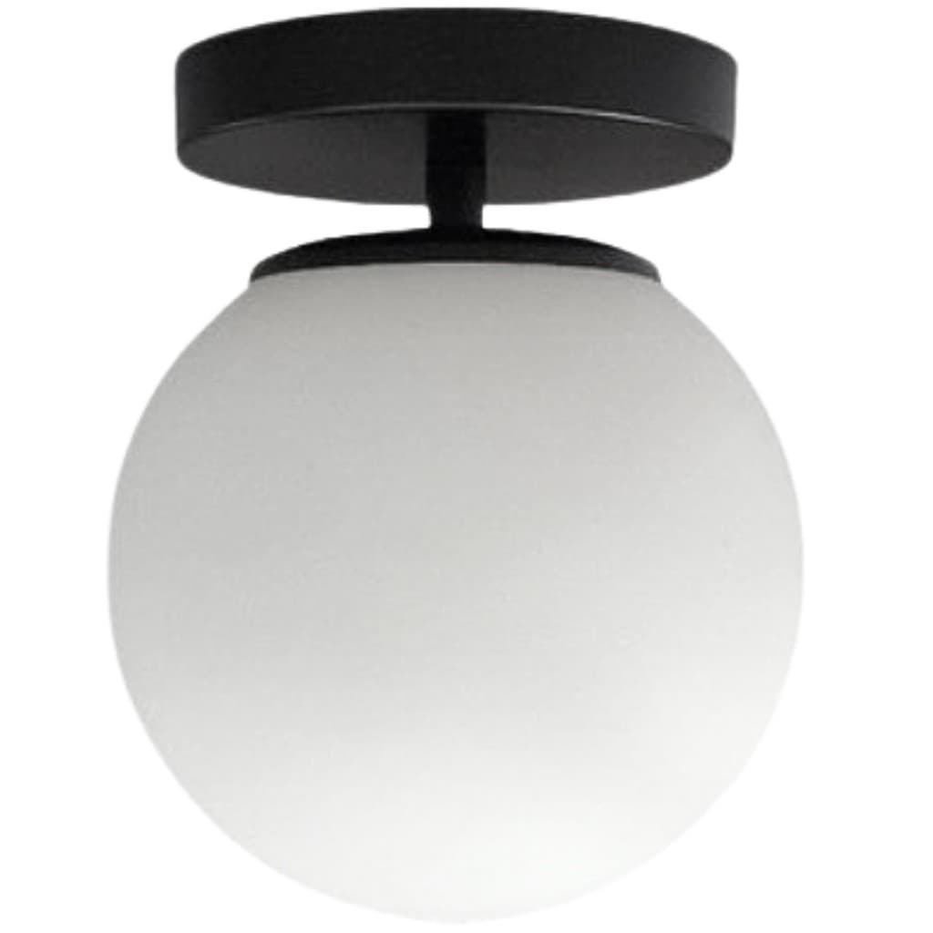 Luminária de teto com cúpula esférica de vidro jabuticaba e base preta