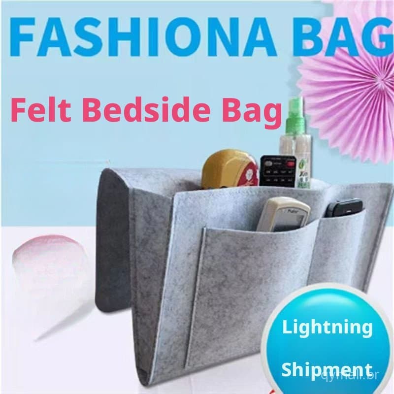 Bolsa organizadora suspensa de feltro cinza para cabeceira de cama ou sofá
