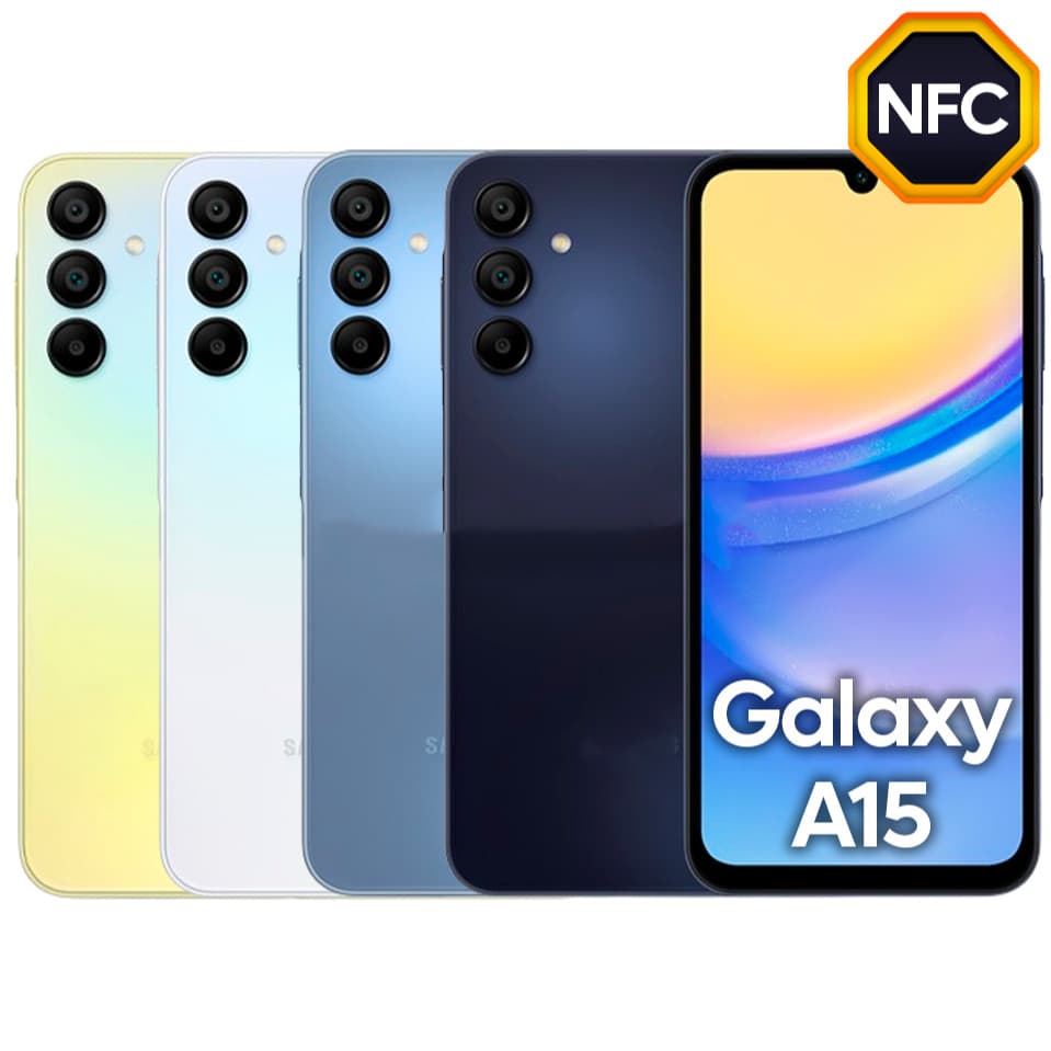 Smartphone Galaxy A15 em quatro cores: amarelo, branco, azul e preto, mostrando câmera traseira quadrada e tela com marca Galaxy A15