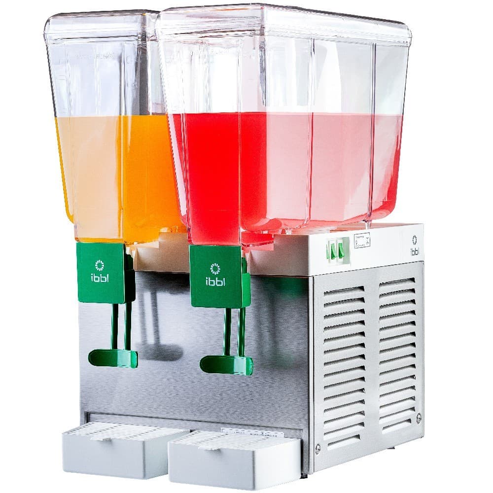 Refresqueira com 2 cubas 15L compressor inox BBS2 IBBL com líquidos amarelo e vermelho