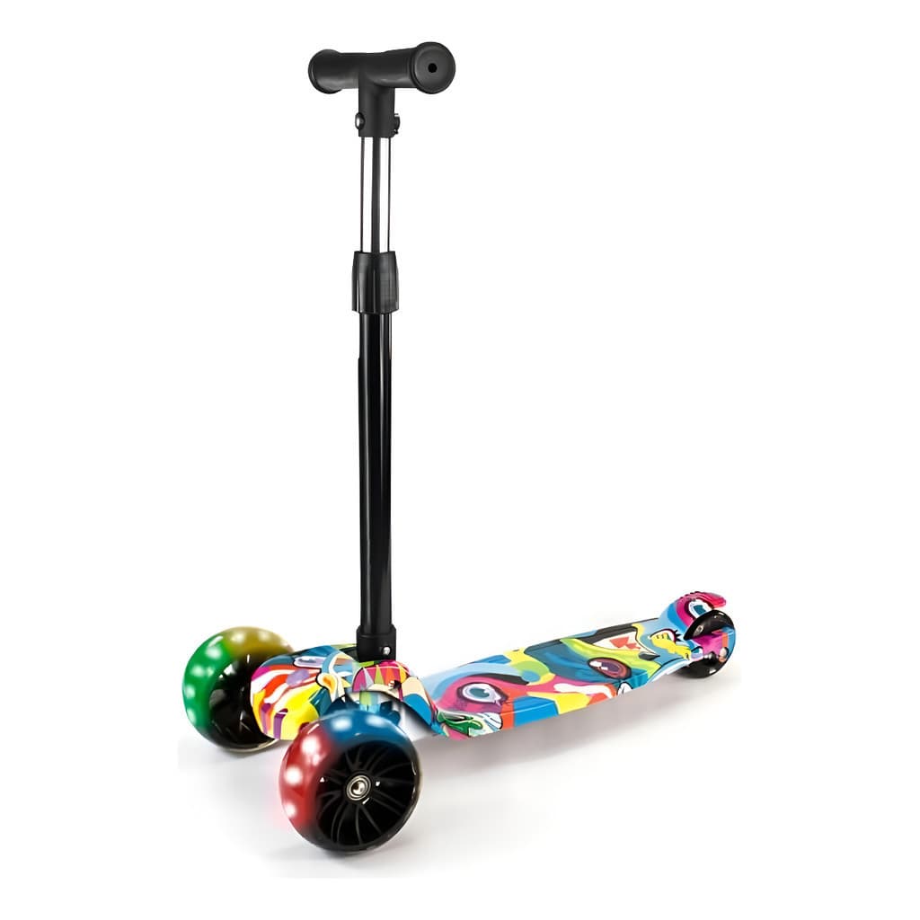 Patinete infantil 3 rodas colorido com iluminação LED e estrutura retrátil